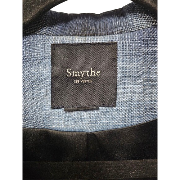 Smythe Blazer 100% Linen Shadow Plaid Tartan Blue Black Half Sleeve Pockets - Picture 6 of 16